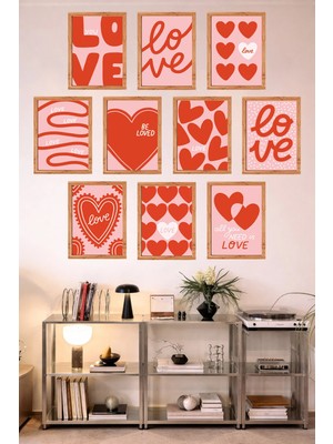 UNT 10'lu Çerçeve Görünümlü Love Temalı | Kırmızı Kalpli | Minimalist Tablo Seti 15X20 cm Mdf Uv Baskı