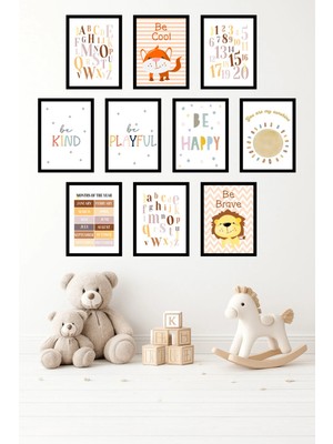UNT 10'lu Çerçeve Görünümlü Eğitici, Alfabe, Sayılar, Aylar, Motivasyon Tablo Seti 15X20 cm Mdf Uv Baskı