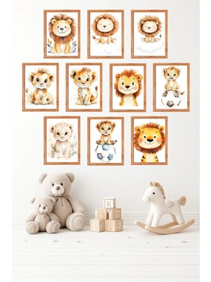 UNT 10'lu Çerçeve Görünümlü Sevimli Aslan, Safari Temalı, Nursery Tablo Seti 15X20 cm Mdf Uv Baskı