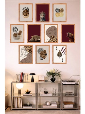 UNT 10'lu Çerçeve Görünümlü Modern Leopar Desenli Tablo Seti– 15X20 cm Mdf Uv Baskı