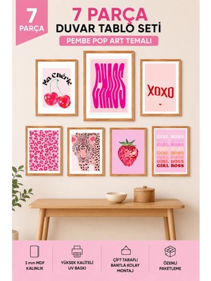 UNT 7'li Çerçeve Görünümlü Pembe Tablo Seti – Pop Art Duvar Dekoru