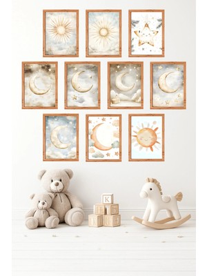 UNT 10'lu Çerçeve Görünümlü Uzay, Astronot, Gezegen, Bebek, Çocuk Odası Tablo Seti 15X20 cm Mdf Uv Baskı