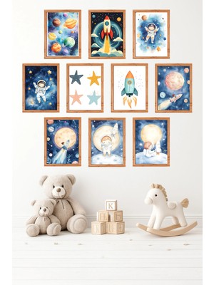 UNT 10'lu Çerçeve Görünümlü Uzay, Astronot, Gezegen, Bebek, Çocuk Odası Tablo Seti 15X20 cm Mdf Uv Baskı