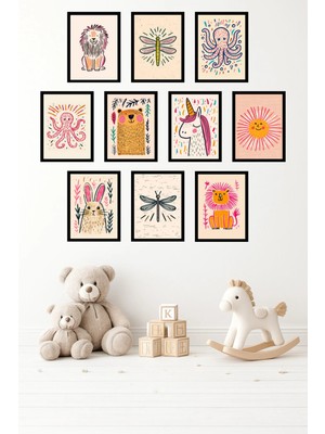 UNT 10'lu Çerçeve Görünümlü Pastel Sevimli Hayvanlar, Unicorn Temalı Tablo Seti– 15X20 cm Mdf Uv Baskı