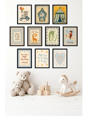 UNT 10'lu Çerçeve Görünümlü Retro Sirk Temalı Çocuk Odası – Sevimli Hayvan ve Motivasyon Tablo Seti 15X20 cm Mdf Uv Baskı