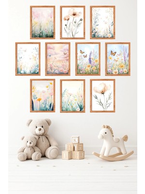 UNT 10'lu Çerçeve Görünümlü Minimal, Pastel, Çocuk Odası, Çiçekler Tablo Seti 15X20 cm Mdf Uv Baskı