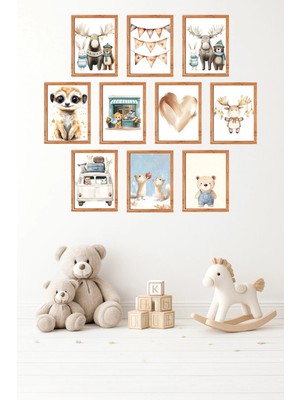 UNT 10'lu Çerçeve Görünümlü Pastel Sevimli Hayvanlar Temalı Tablo Seti– 15X20 cm Mdf Uv Baskı