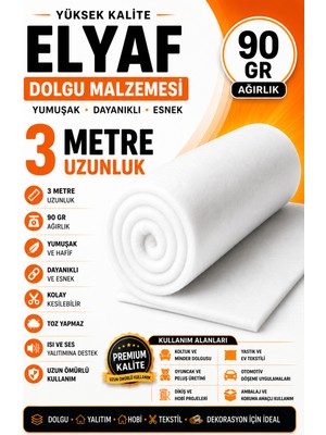 Dünya Sünger 3 Metre 90 gr Beyaz Elyaf Dolgu Malzemesi – Yumuşak, Dayanıklı, Çok Amaçlı Kullanım | Kolay Kesilebilir Elyaf