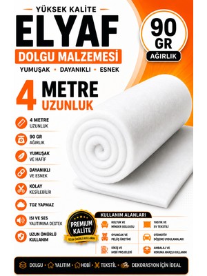 Dünya Sünger 4 Metre 90 gr Beyaz Elyaf Dolgu Malzemesi – Yumuşak, Dayanıklı, Esnek ve Çok Amaçlı Kullanım Için Ideal