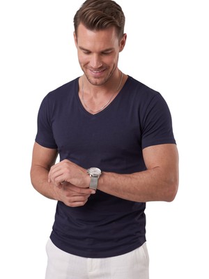 Deepsea Lacivert Erkek Slim Fit Derin V Yaka Basic Tişört %90 Pamuk Likralı Asimetrik Kesim 2602265