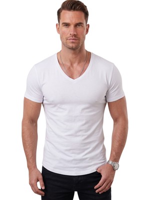 Deepsea Beyaz Erkek Slim Fit Derin V Yaka Basic Tişört %90 Pamuk Likralı Asimetrik Kesim 2602265