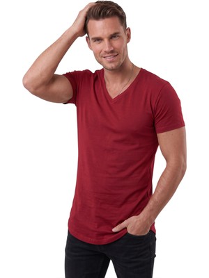 Deepsea Bordo Erkek Slim Fit Derin V Yaka Basic Tişört %90 Pamuk Likralı Asimetrik Kesim 2602265