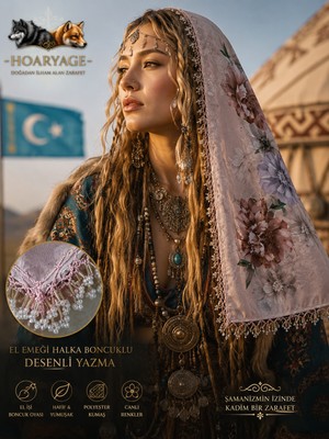 Hoaryage El Emeği Desenli Yazma Kenarına Halka Boncuklu El Oyası Tülbent Yemeni, Fular ,4 Kenarı Oyalı
