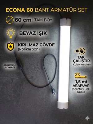 Econa 60 cm Mutfak Tezgah Aydınlatması ,beyaz Anahtarlı Kablolu Set,led Ince Bant Armatür LED Tak Çalıştır