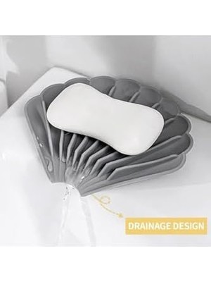 Maxi Trendy Gri Renk Kaymaz Istiridye Şekilli Silikon Sabunluk Sabun Depolama Tutucu ve Taşınabilir Sabunluk