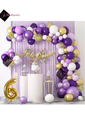 Maxi Trendy Bkmc 6 Yaş Macaron Mor Balon Zinciri Seti Gölge Mor Altın Balon Dekorasyon BMCNM768