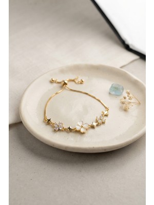 Twin Store Gold Renk Zirkon Taşlı Pirinç Sedefli Yonca Model Asansörlü Bileklik TJ-BB8842