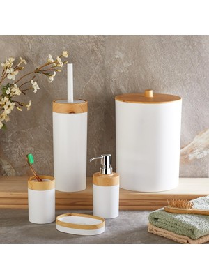 Maxi Trendy 5 Parça Lüx Bambu Görünümlü Banyo Seti | 10 Litre Çöp Kovası ve Antibakteriyel Tuvalet Fırçası (Beyaz)