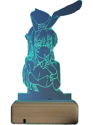 Modiwa Design Waifu Mai Sakurajima Animee 16 Renk Uzaktan Kumandalı 3D Ahşap Gece Lambası Hediyelik