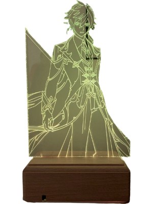 Modiwa Design Zhongli - Genshin Impact 16 Renk Uzaktan Kumandalı 3D Ahşap Gece Lambası Hediyelik