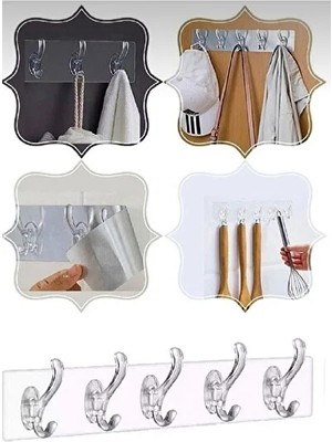 CATEKSSS 5'li Kendinden Yapışkanlı Güçlü Şeffaf Askılık - Kapı Arkası Mutfak Duvar Banyo Askılık Plastik Beya