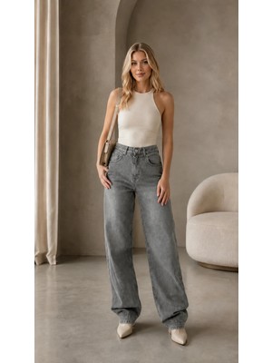 Shevega Kadın Füme Arka Kemer Tokalı Yüksek Bel Baggy Jeans Salaş Kot Pantolon