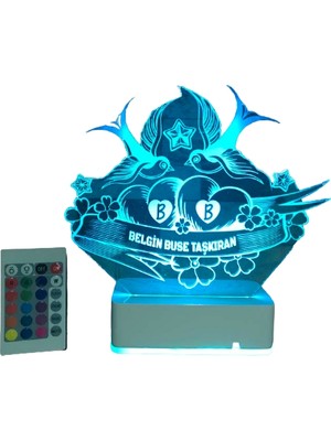 Modiwa Design Sevgiliye Sen & Ben ve Kuşlar 16 Renk Uzaktan Kumandalı 3D Ahşap Gece Lambası Hediyelik