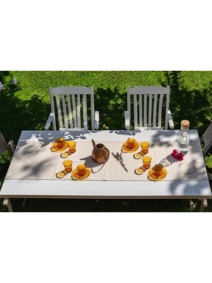 Maxi Trendy Doğal Keten Işlemeli Yemek, Mutfak, Bahçe Masası Için Dekoratif Runner (Zeytindalı)