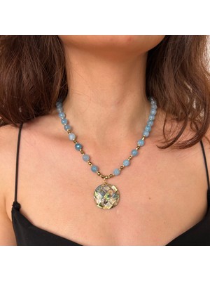 Suerte Accessories Akuamarin Hematit Doğal Taş Okyanus Sedef Kolye Uçlu Özel Tasarım Doğaltaş Kadın Kolye