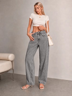 Shevega Kadın Füme Yüksek Bel Geniş Paça Bol Kesim Yıkama Baggy Jeans Salaş Kot Pantolon