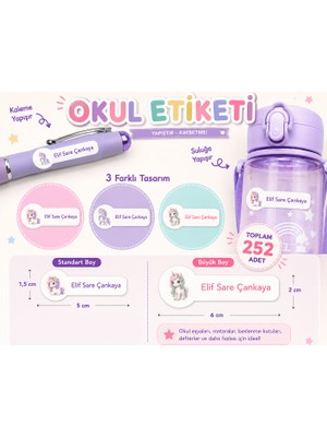 Vuud Kişiye Özel Pastel Mat Renkli Okul Etiketi Seti 252 Adet - Unicorn Serisi Isim Etiketi (Kalem, Suluk, Defter)