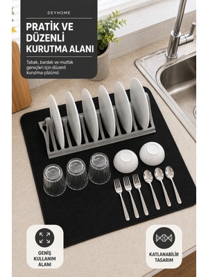 Deyhome Katlanabilir Bulaşık Kurutma Seti Mikrofiber Kurutma Bezi ve Plastik Tabaklık