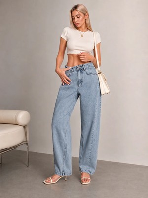Shevega Kadın Yüksek Bel Geniş Paça Bol Kesim Tint Yıkama Baggy Jeans Salaş Kot Pantolon