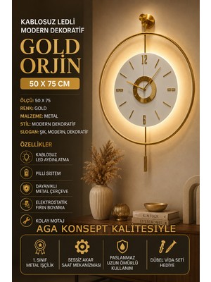 Aga Konsept Ledli Orjin 24 (Büyük Boy 50 x 75 Cm), Modern Dekoratif Sarkaçlı Metal Duvar Saati