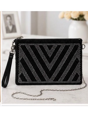 Raksin Kadın Taş Detaylı Portföy Çanta – Zincir Askılı Abiye Clutch Siyah
