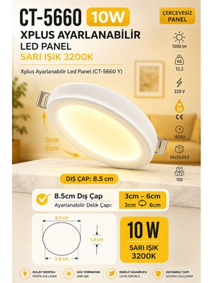 Yenilig CT-5660 Xplus Ayarlanabilir LED Panel 10W Sarı Işık 3200K Çerçevesiz Sıva Altı LED Spot