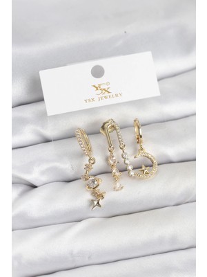 Kentex Mey Ithalat® Pirinç Gold Renk Zirkon Taşlı Uzay Model Ysx Trio Küpe Seti