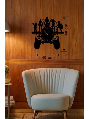 Kentex Mey Ithalat® Gamer Oyun Odası Dekoratif Duvar Saati - 40X40 cm Lazer Kesim Ahşap Joystick ve Oyun Karakterli Saat