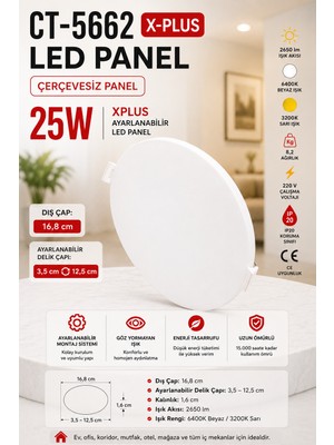 Yenilig CT-5662 Xplus Ayarlanabilir LED Panel 25W Çerçevesiz Sıva Altı LED Spot Armatür