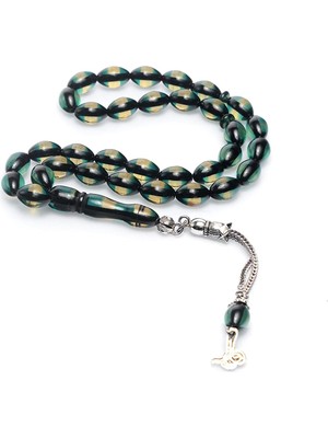 1001 Çift Renkli Yeşil Sarı Sürmeli Kehribar Tesbih Metal Püsküllü Misbah Misbaha Rosary Zikr