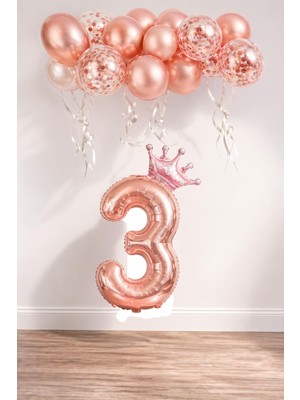 1001 3 Rakam Rose Gold Folyo Balon, Kral Tacı ve Konfetili Rose Gold Balon