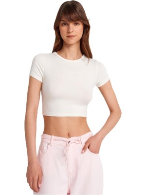 1001 Crop T-Shirt Kadın Bisiklet Yaka Kısa Kol Dar Kalıp Ribanalı Örme Günlük Tişört