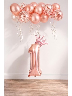 1001 1 Rakam Rose Gold Folyo Balon, Kral Tacı ve Konfetili Rose Gold Balon