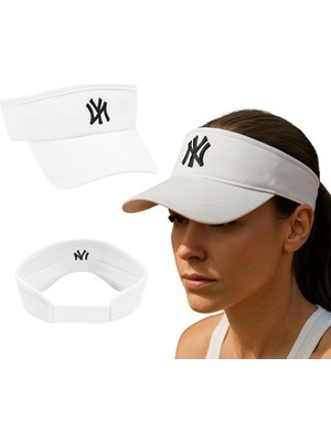 1001 Vizör Şapka Ny Logolu Ayarlanabilir Pamuklu Tenis Golf Spor Şapkası Unisex Beyaz