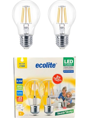 1001 Ecolite 6,5W LED Filament Ampul E27 | 60W Eşdeğer | 2700K Sarı Işık | 810 Lümen | 2’li Paket