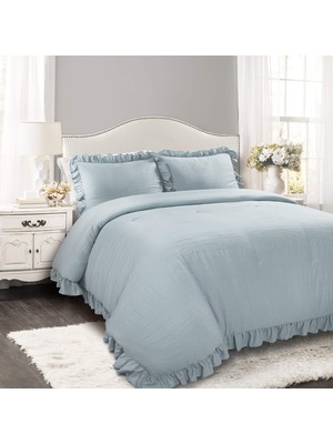 1001 Lake Blue Reyna Yorgan Fırfırlı 3 Parça Yastık Kılıfı Tam Queen Boy Yatak Takımı