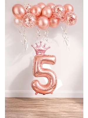 1001 5 Rakam Rose Gold Folyo Balon, Kral Tacı ve Konfetili Rose Gold Balon