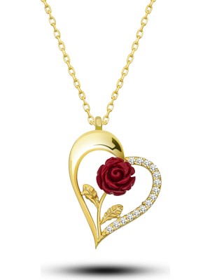 1001 925 Ayar Gold Kırmızı Gül Kalp Kadın Gümüş Kolye