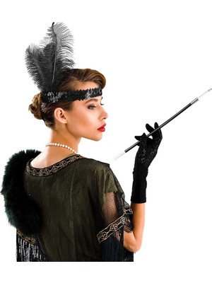 Hace Bazaar 1920'LER Gatsby Aksesuar Seti – Siyah Charleston Saç Bandı &amp; Sigaralık -Hcb