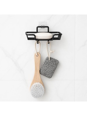 1001 Yapışkanlı Siyah Sabunluk ve Lif Askılık, Delmeden Montajlı Banyo Sabun Rafı, Çift Askılı